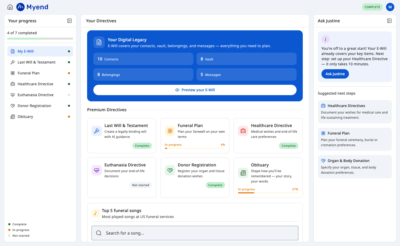 The Myend web app showing a plan in progress