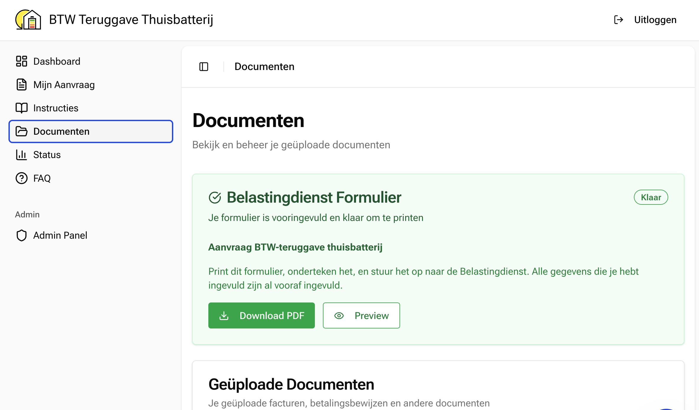 The documents screen showing the tax office form generated and ready to print