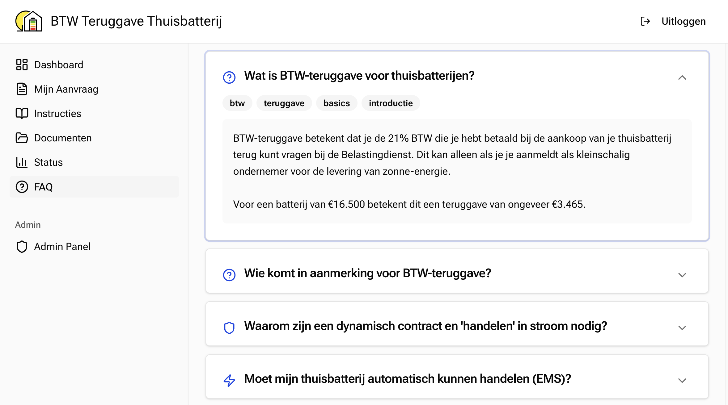 The in-app FAQ, including the entry explaining why a dynamic contract and energy trading are required