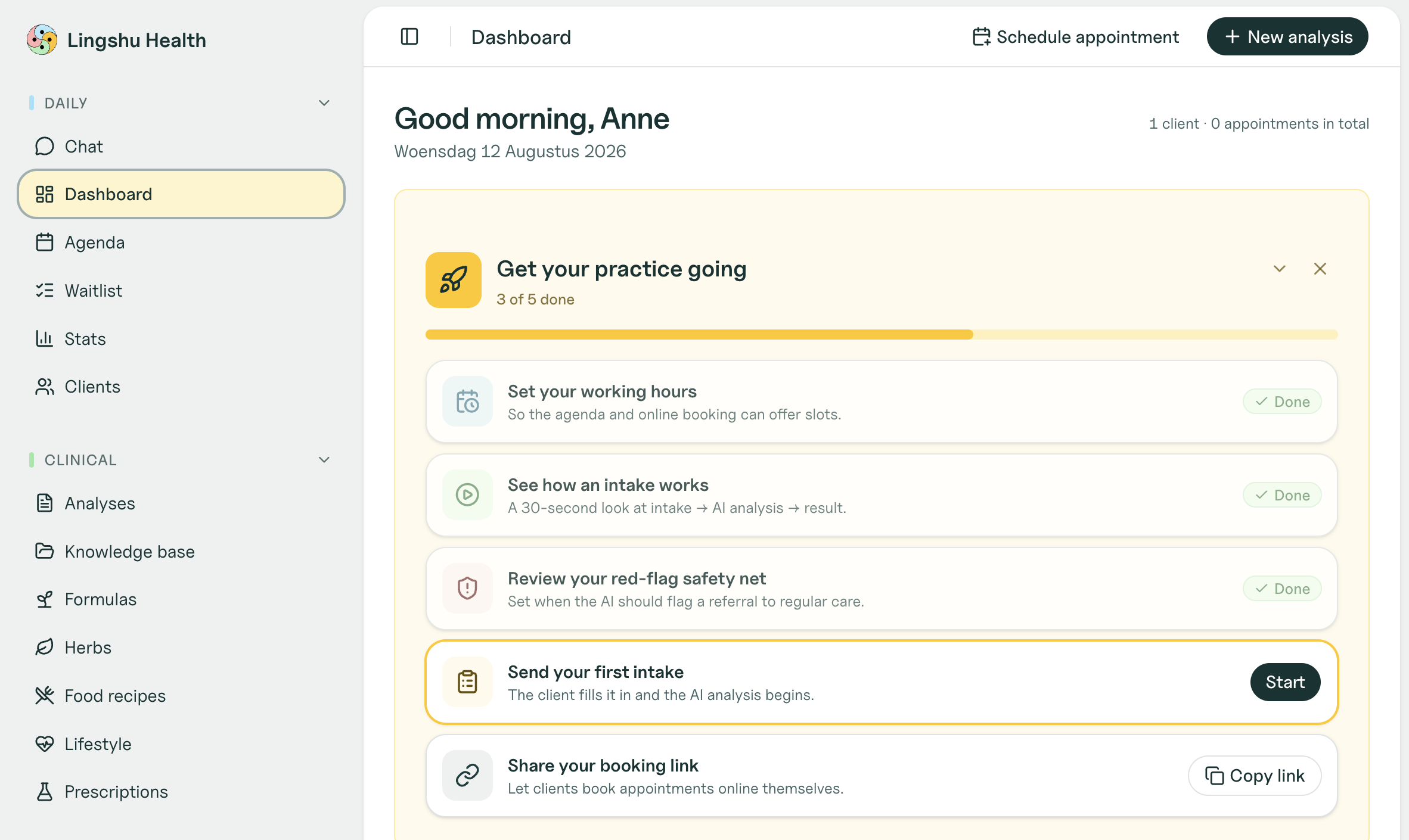 The practice home screen, showing setup progress and the next action