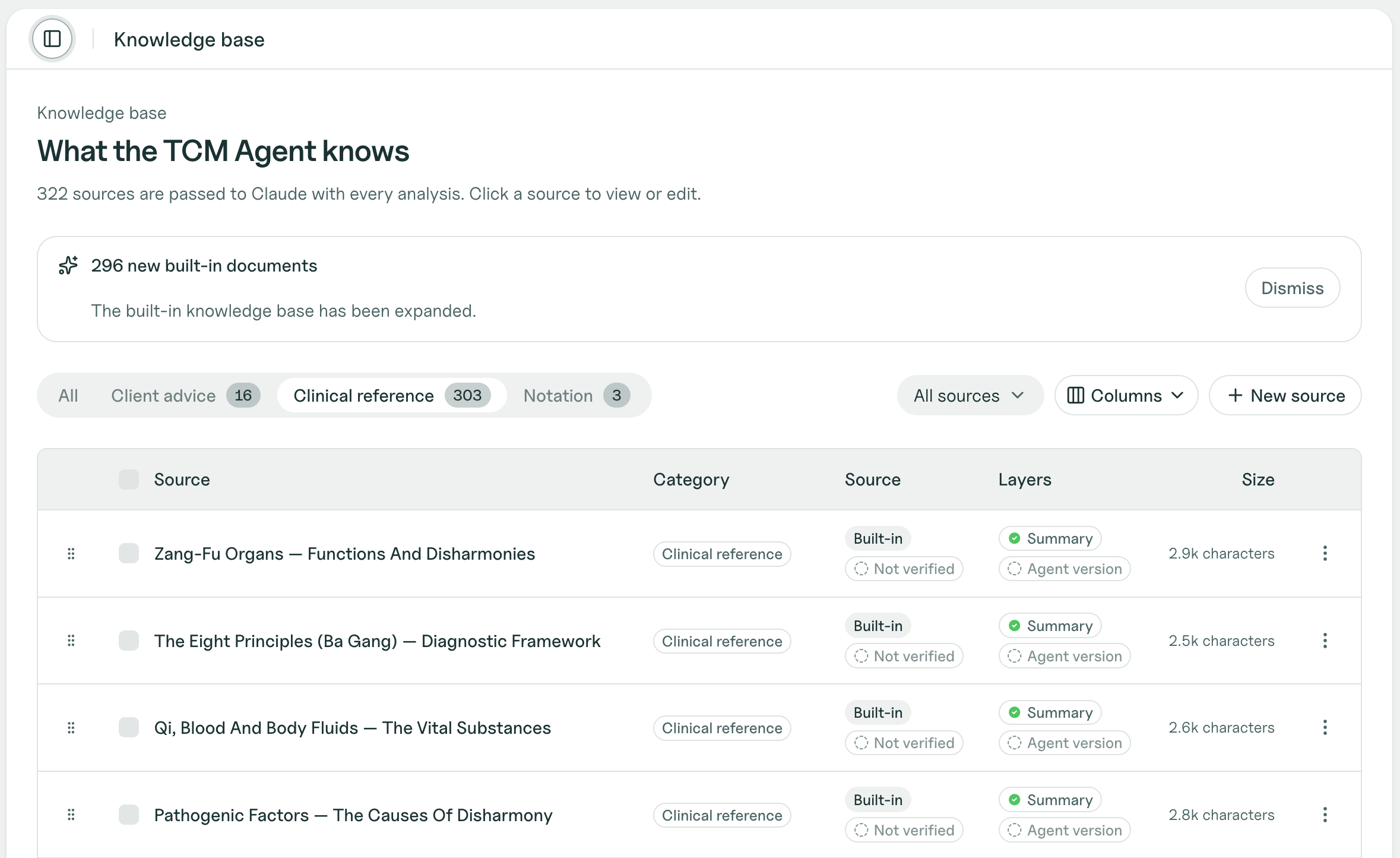 The knowledge base screen, listing the sources passed to the model with every analysis